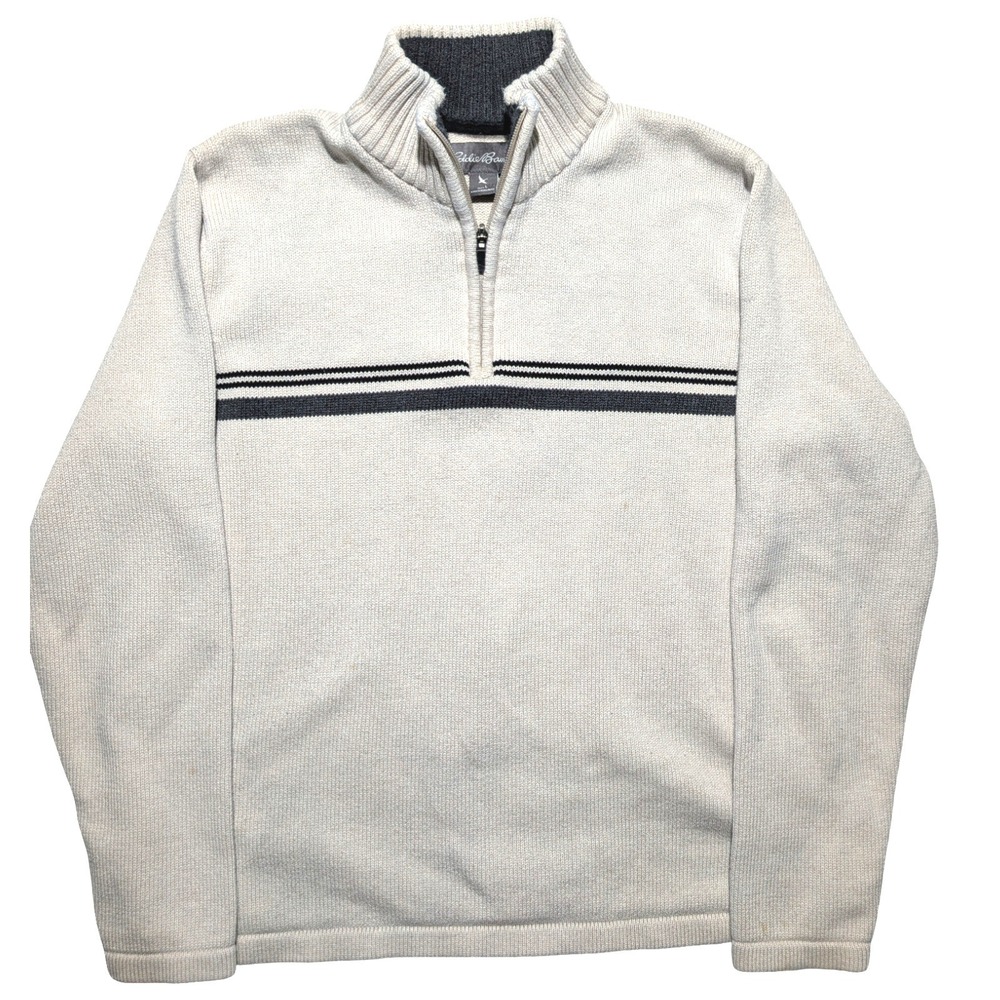 Eddie Bauer Quarter Zip Sweater Large Beige Cotton Mock Neck Outdoor